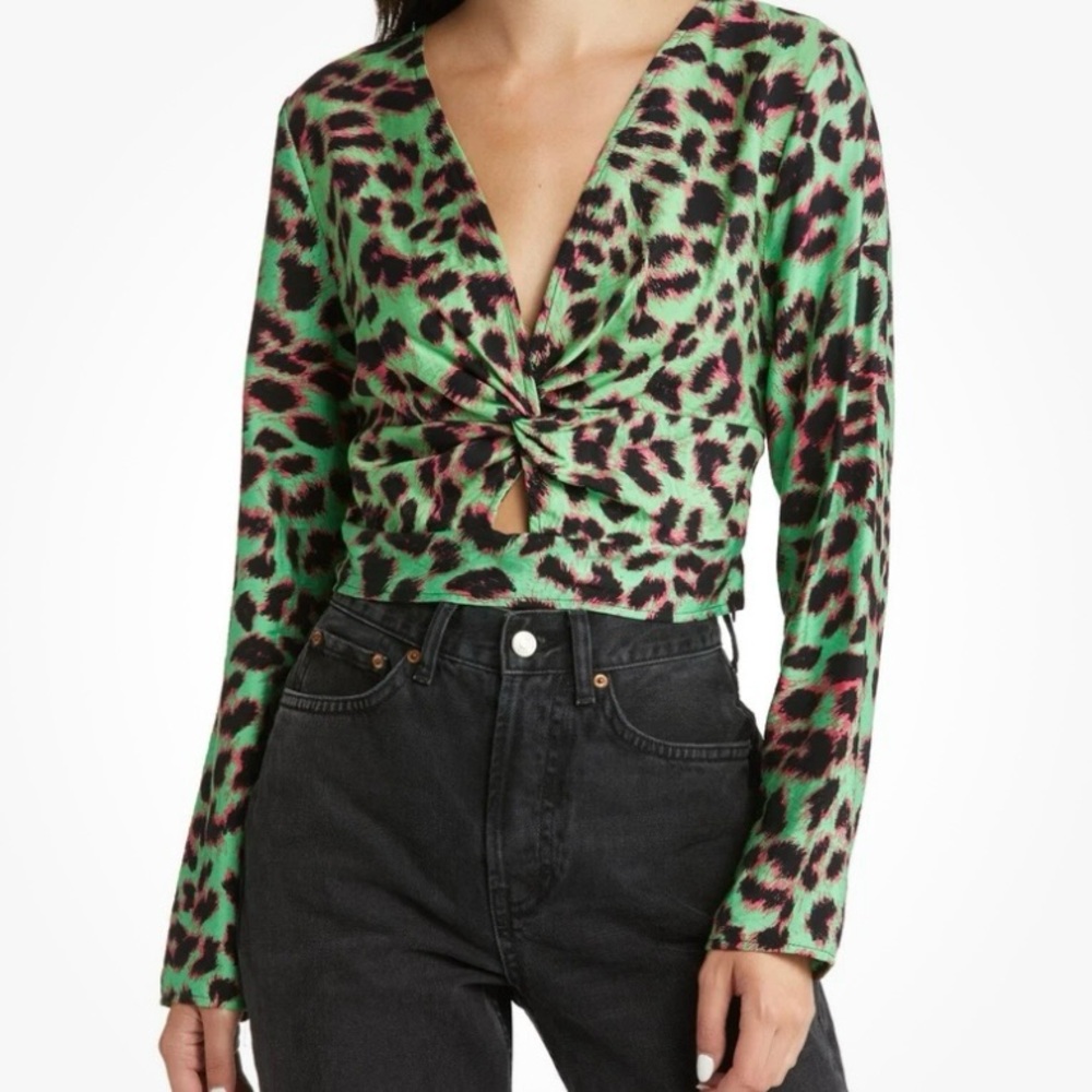 Vero Moda Long Sleeve Twist Crop Top Irish Green Anette Leopard Blouse Sz S